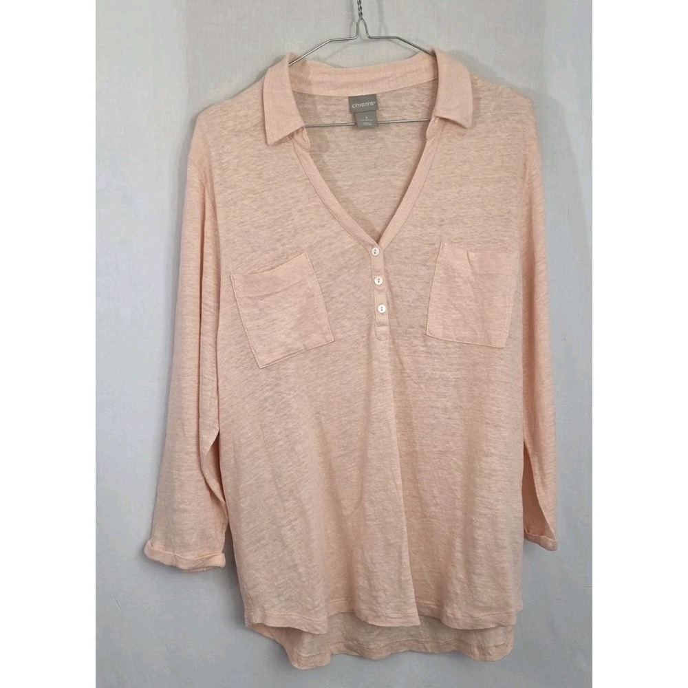 Chicos Linen Knit Polo Tee Shirt Womens Size XL-3 Casual Top 3/4 Cuffed Sleeves
